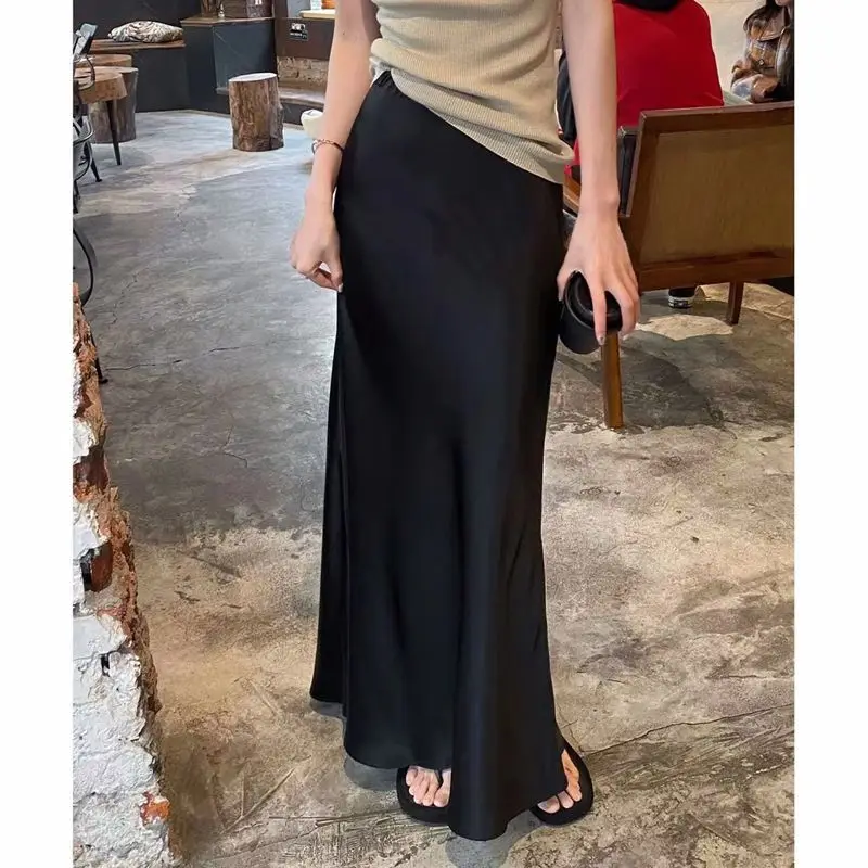 

Women's Black High Waist Mermaid Maxi Skirt Satin-Like Fabric Elegant Slim Fit Ankle-Length Skirt