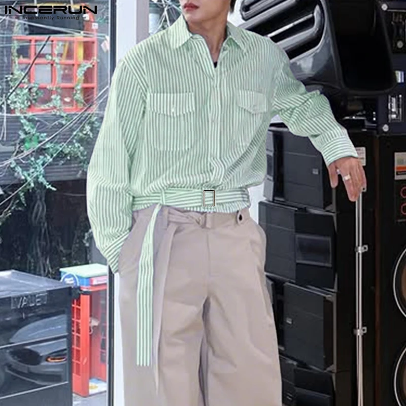 

INCERUN Мужская полосатая рубашка с лацканами и длинным рукавом на шнуровке, повседневная мужская одежда, свободная уличная одежда 2025 года, модные мужские рубашки в корейском стиле