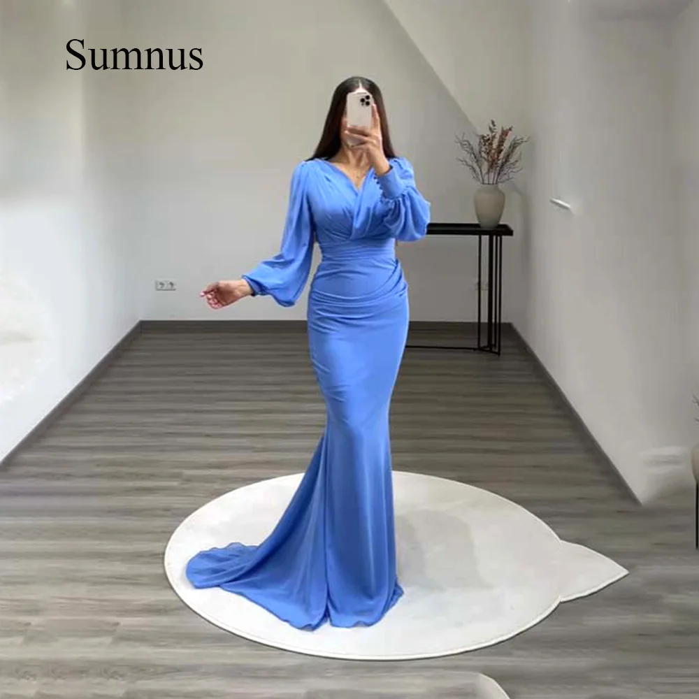 

Sumnus Blue Mermaid Saudi Arabic Evening Dresses Long Sleeve Pleats Spandex Satin Dubai Prom Party Dress Elegant Formal Gowns