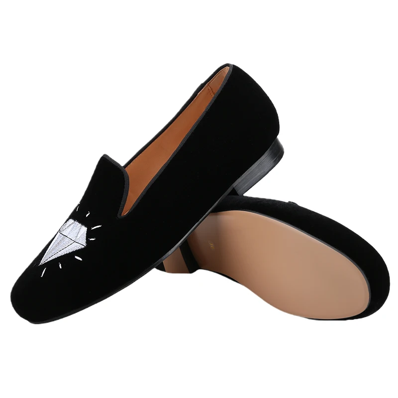 Piergitar Black Velvet Men Moccasins With Handmade Diamond Embroidery For Party Classic Style Slip-On Loafers Fashion Slippers
