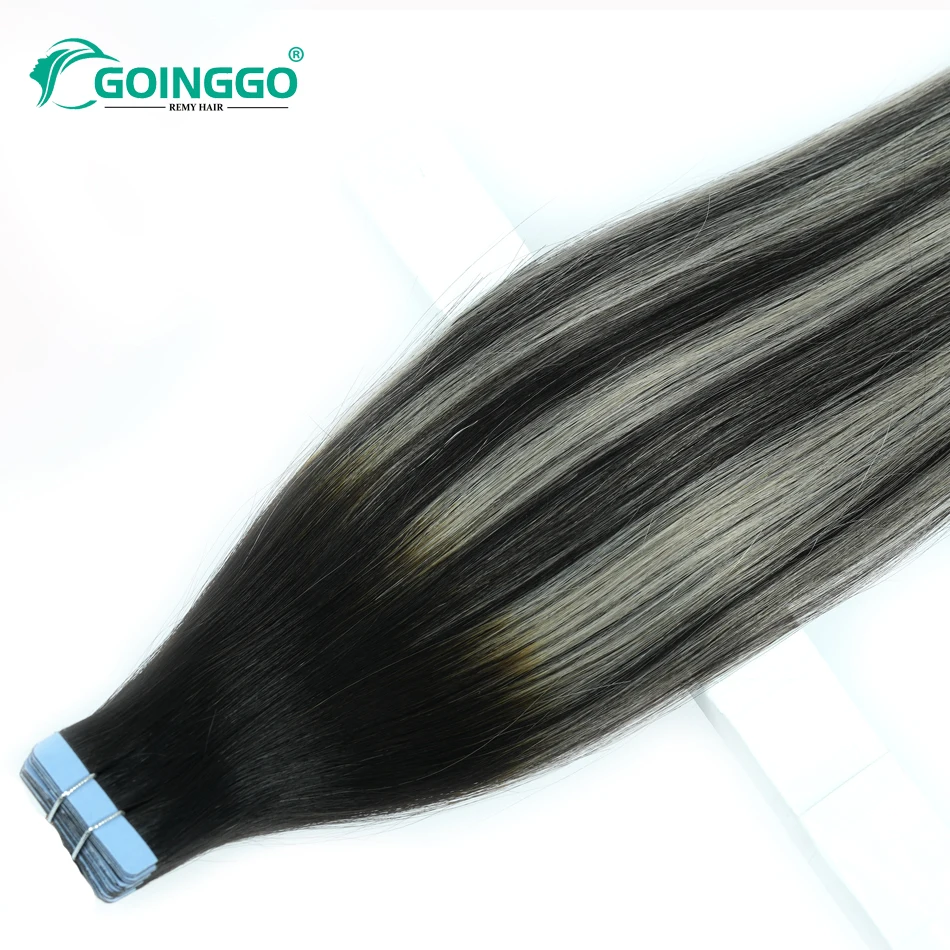 Goinggo-Extensión de cabello humano liso, cinta adhesiva de trama de piel, color negro Natural, resaltado, gris, calidad de salón, P1B/gris