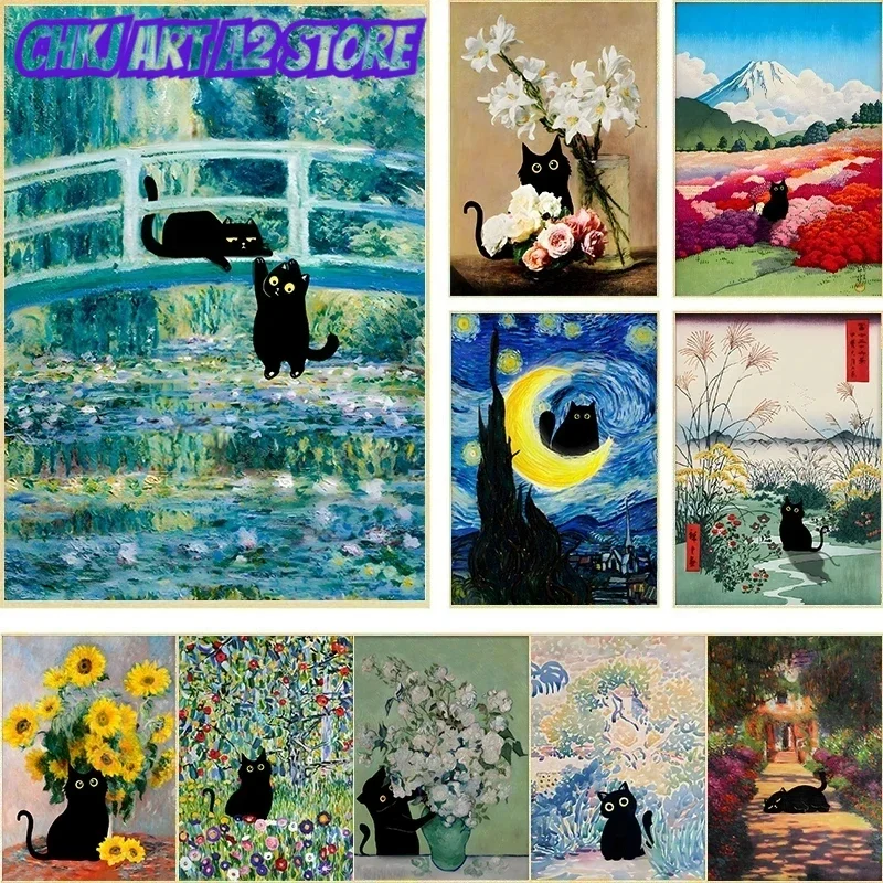 Funny Black Cat World Famous Painter Monet Van Gogh Gustav Masterpiece Artwork Poster Canvas Painting Wall Art Home Room Decor