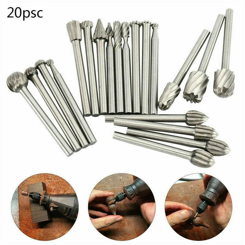 20pcs HSS Carbide Burr Set Rotary Drill Bits Die Grinder Wood Carving Engraving Tool Different Angle