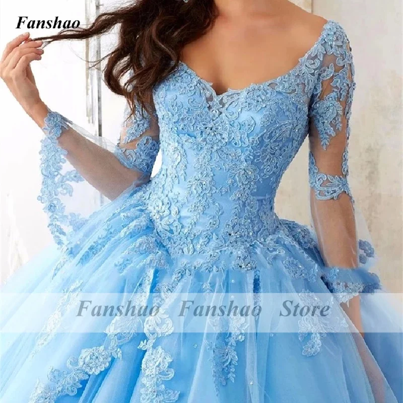 Vestido de quinceañera, Trompeta de manga larga, apliques de encaje, lentejuelas, fiesta de princesa, dulce vestido de graduación, talla grande: