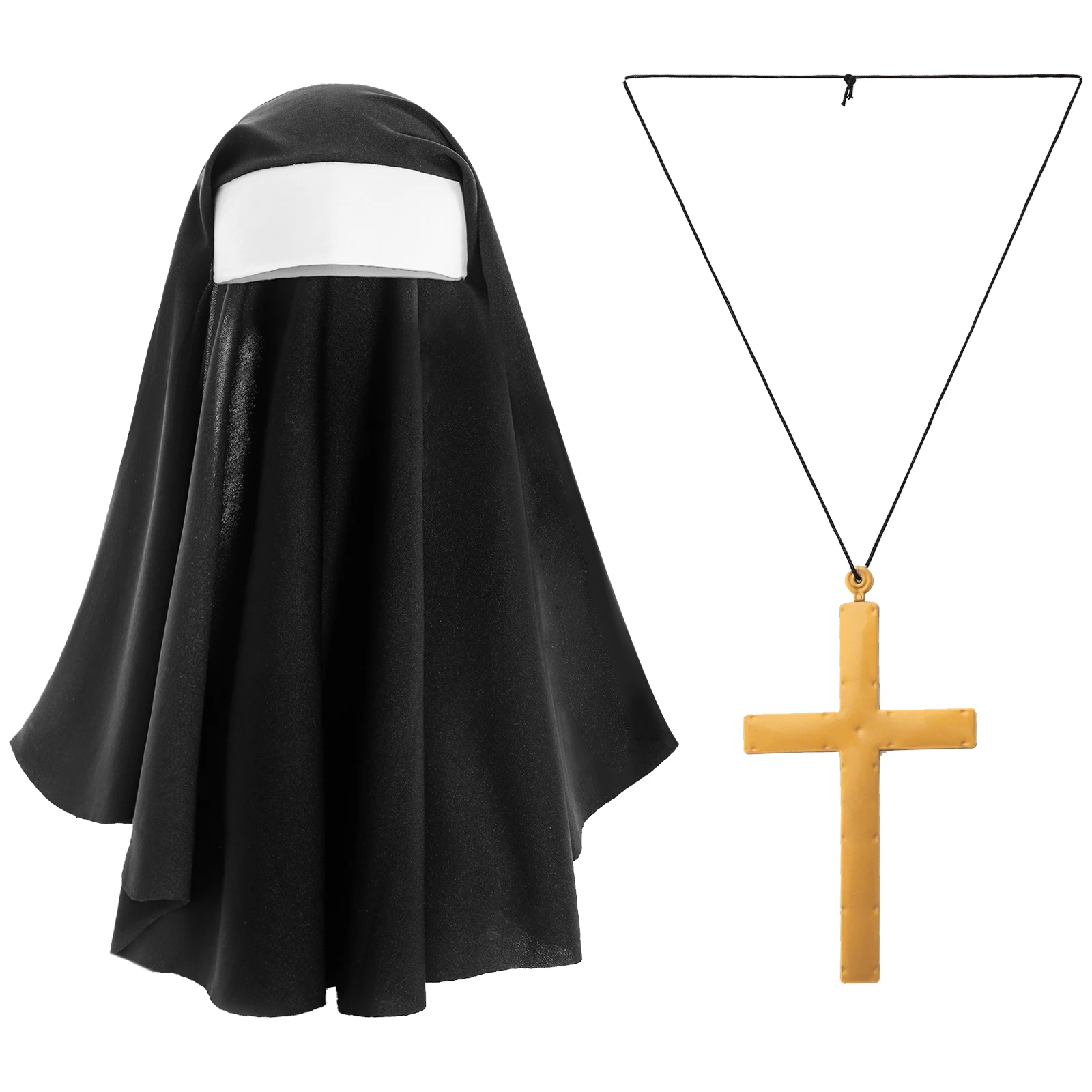 

Nun Cosplay Accessories Halloween Catholic Nun Costume Suit Priest Cross Headdress Cotton Scarf Tube Stockings Gloves Necklace