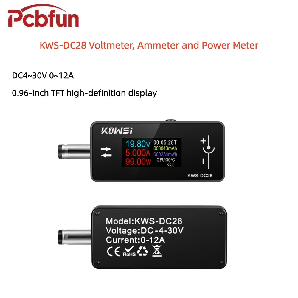 

KWS-DC28 Вольтметр, амперметр и измеритель мощности постоянного тока 4–30 В, 0–12 А 0,96-дюймовый TFT HD-дисплей Тестер зарядки мобильного телефона