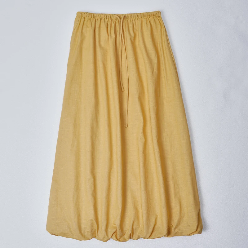 Femmes coton lin jupes taille haute taille élastique jaune blanc fleur bourgeon a-ligne été nouveauté élégant décontracté jupe longue