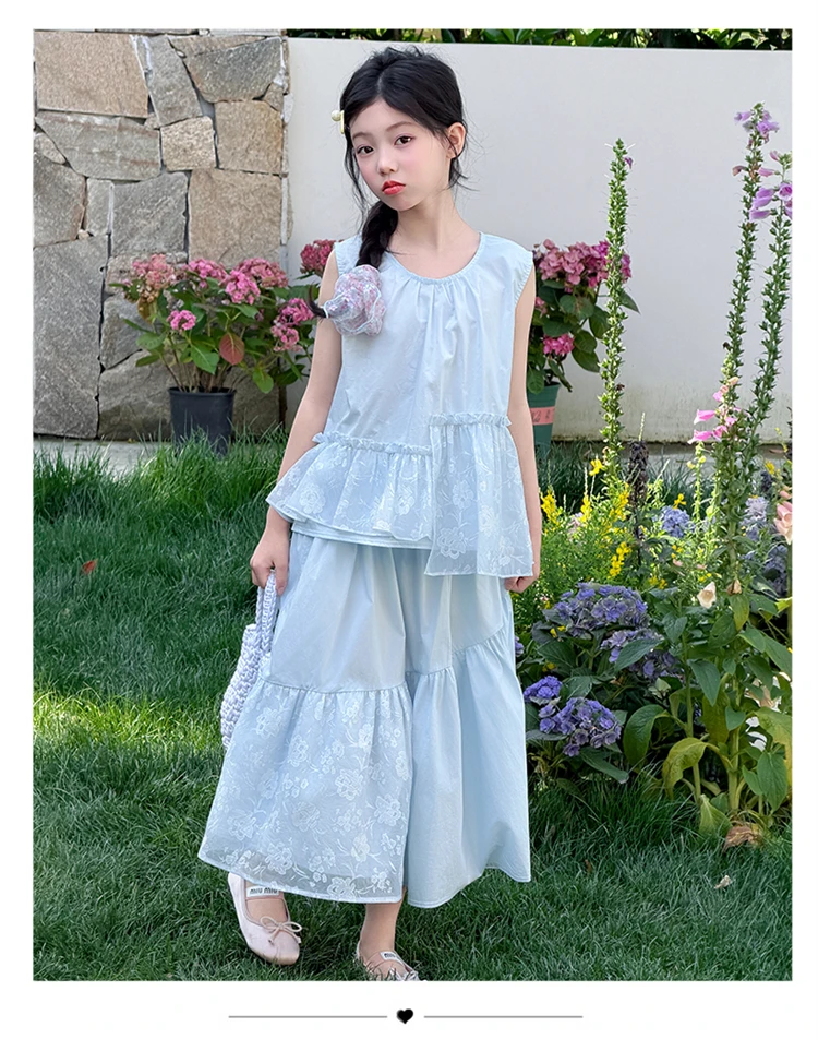 Kinderkleidung Mädchen Sommer 2026 Blaues Ärmelloses Rüschen-Asymmetrisches Hemd und Rock Locker Atmungsaktiv 110-170cm 15-50kg – Detail 8