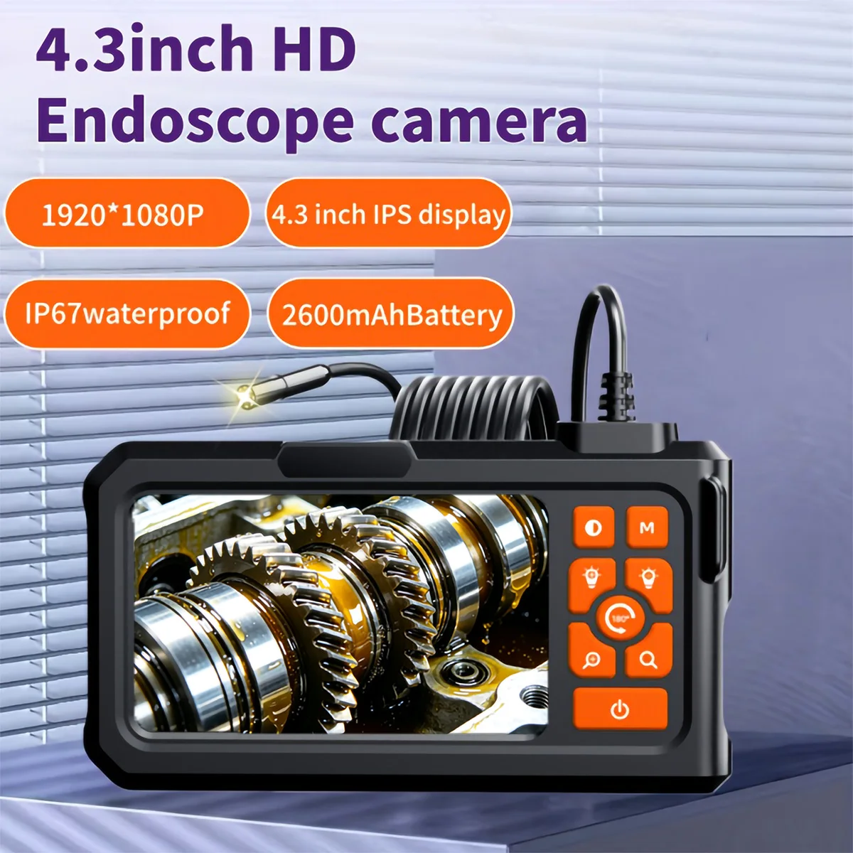 Caméra d'endoscope industrielle avec écran IPS de 4,3 pouces, 1080P HD, étanche IP67, boroscope, caméra d'inspection rechargeable 2600mAh avec lumières LED réglables pour l'entretien des moteurs de voiture, les canalisations d'égout et les inspections murales à domicile