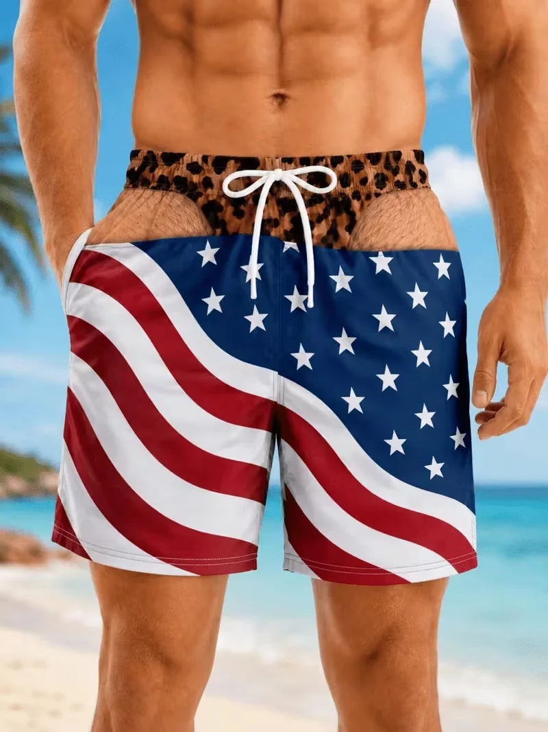 Men's USA Flag Wave Pattern Swim Trunks, Leopard Print Elastic Waist Drawstring Board Shorts, Quick Dry Casual Beach Shorts with