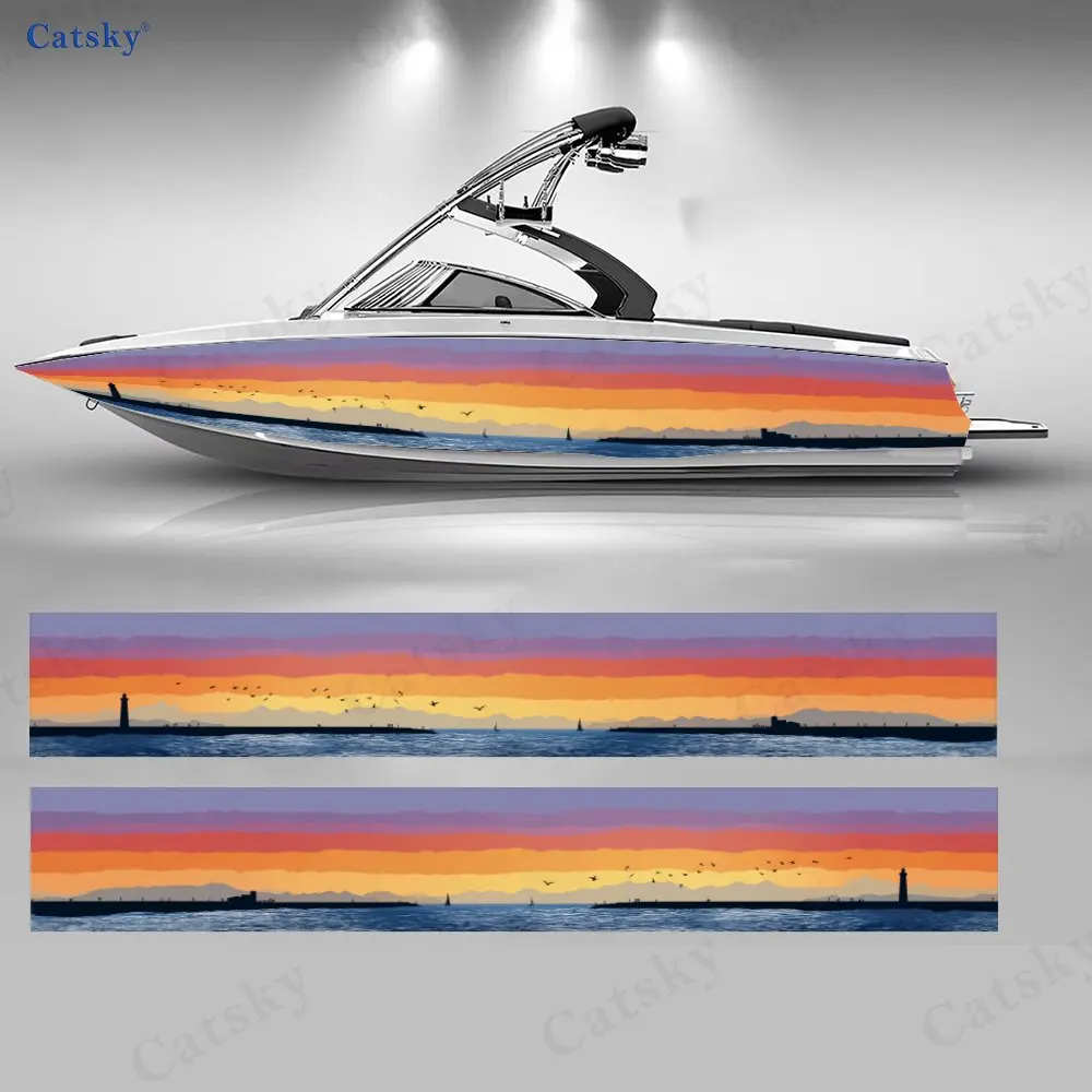 

Оранжево-фиолетовые наклейки с изображением заката над побережьем и лодок, водонепроницаемые виниловые наклейки из ПВХ для рыболовных лодок, прочные и стильные.