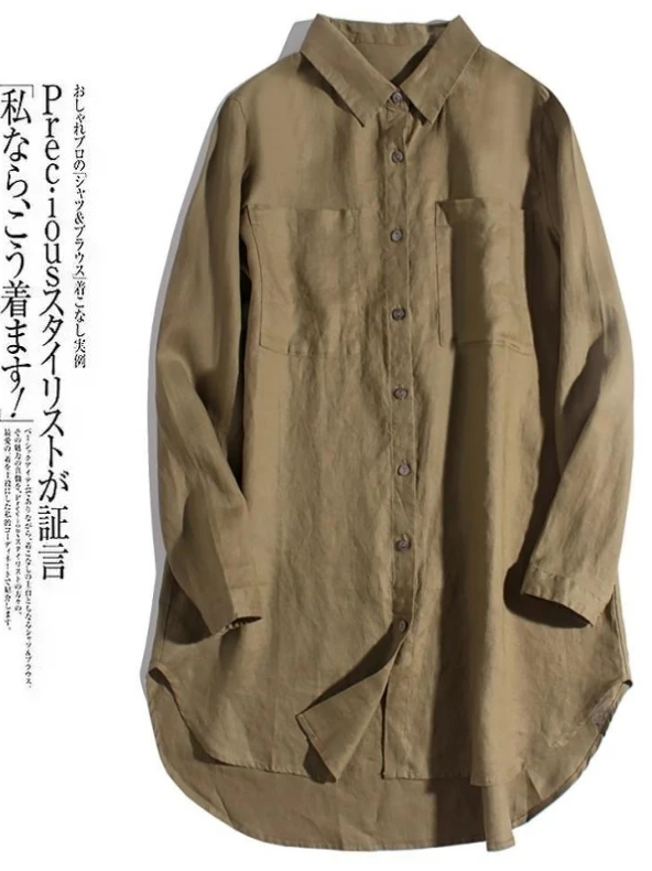 

Simple Artistic Mid-Length Collar round Hem Versatile irt Cotton Long Sve Women's Daily Wear Color Casual irt