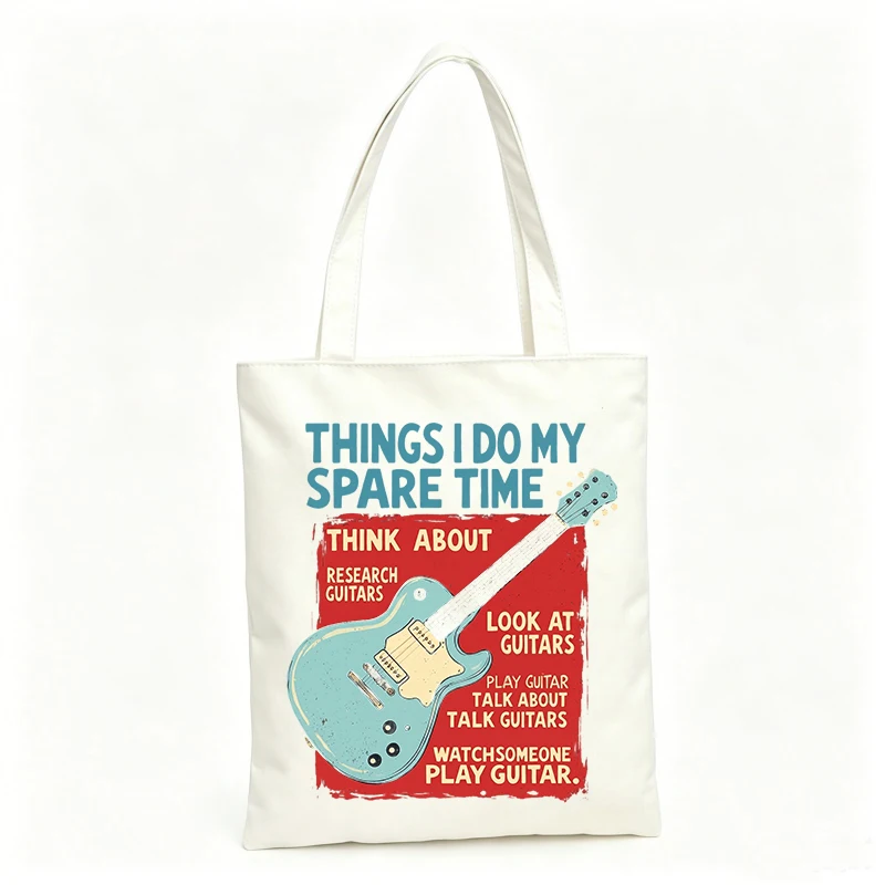 Guitar enthusiasts' canvas tote bag with musical instrument graphic and slogan-style print, ideal for casual outings and music