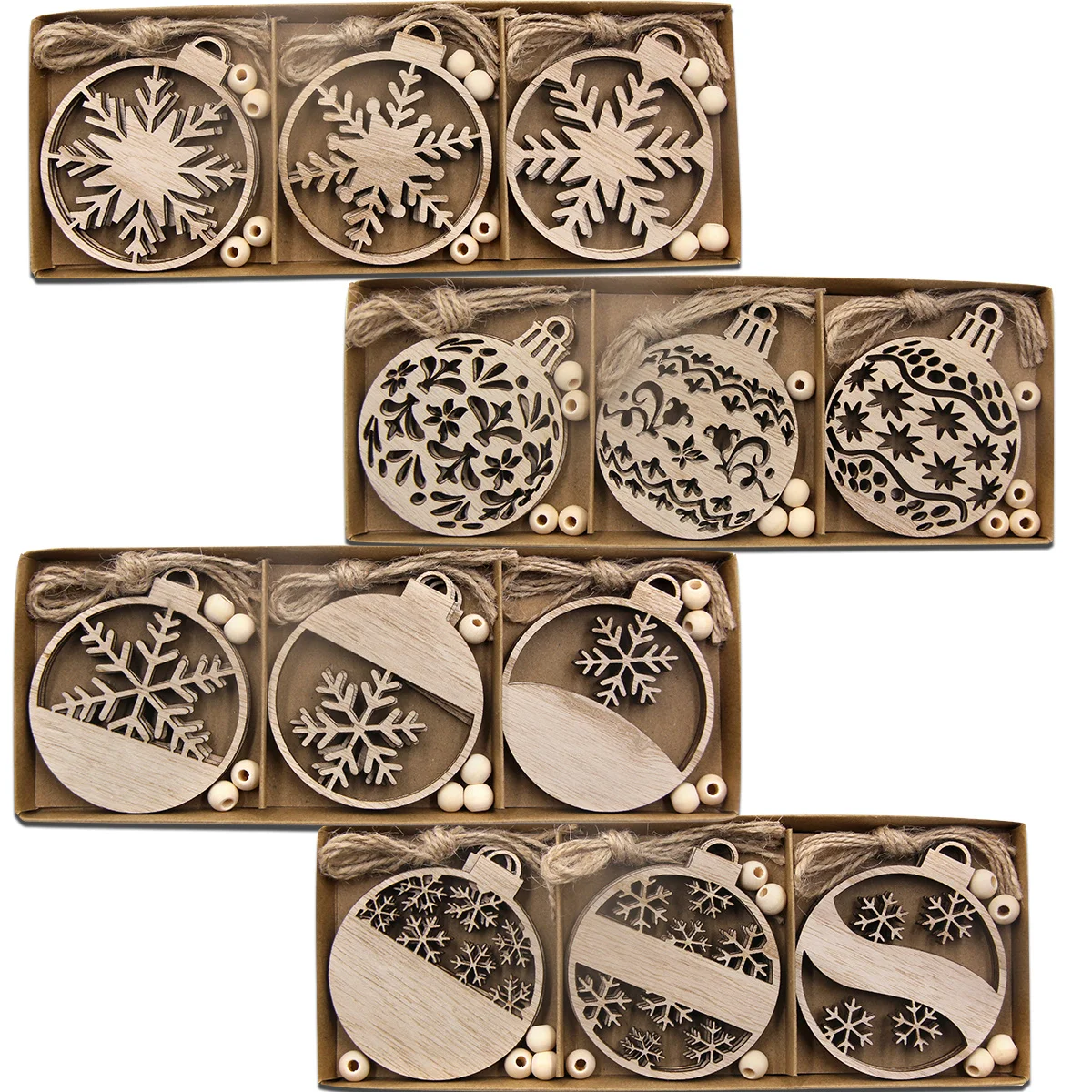 12PCS/Box Wooden Snowflake Pendant Vintage Xmas Ball Hanging Ornaments for Noel Tree Decorations DIY Gifts Wrapping Supply