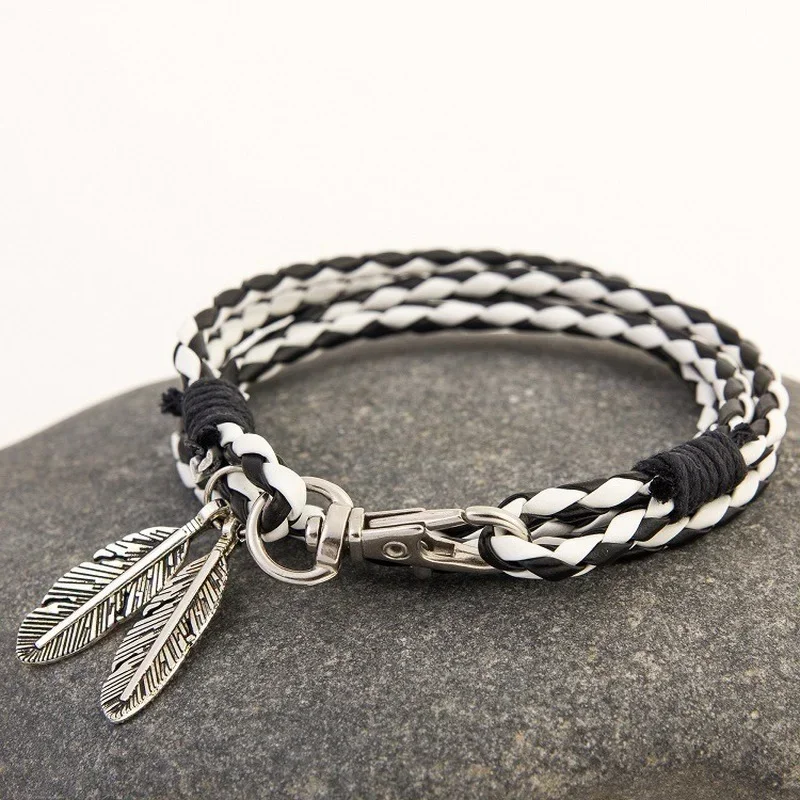 Vintage Leaf Feather Leather Multilayer Bracelet Men Fashion Braided Handmade Star Rope Wrap Bracelets Bangles Male Gift