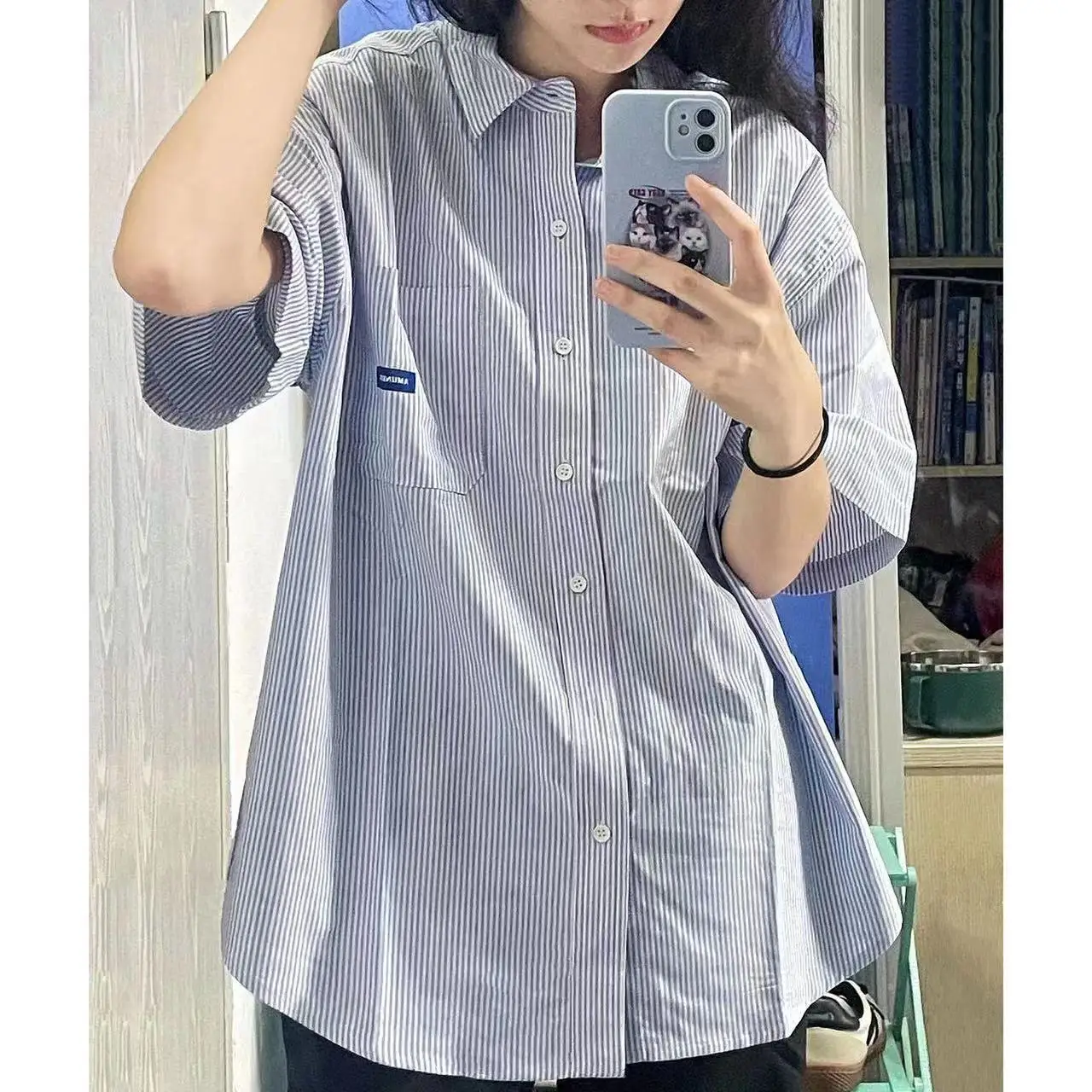 Camisa de manga corta a rayas azules y blancas para mujer, cárdigan informal holgado de longitud media para ir al trabajo, Tops, ropa de moda para mujer