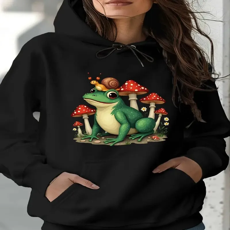 

Fall Winter Plus Size Female Clothes Sweatshirt Oversize Women Whimsical Frog Snail Mushroom Print Fashionable Long Sleeve Top