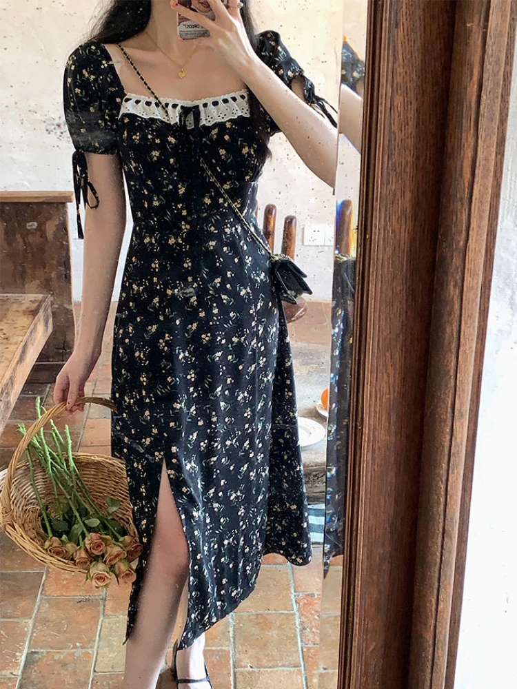 Midi Kleid Frauen Sommer Sanfte Französisch Stil Mode Vestidos Vintage Quadrat Kragen Temperament Design Süße Streetwear Sommerkleid