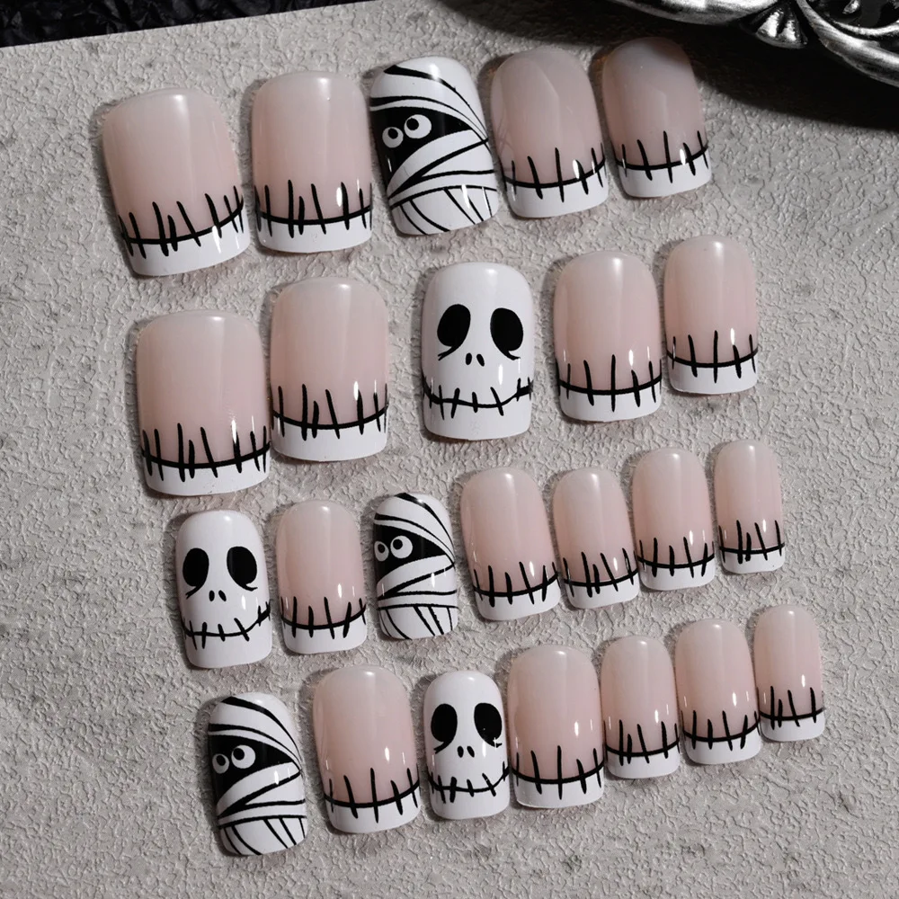 Uñas postizas cuadradas para Halloween, uñas postizas de cobertura completa, 24 piezas