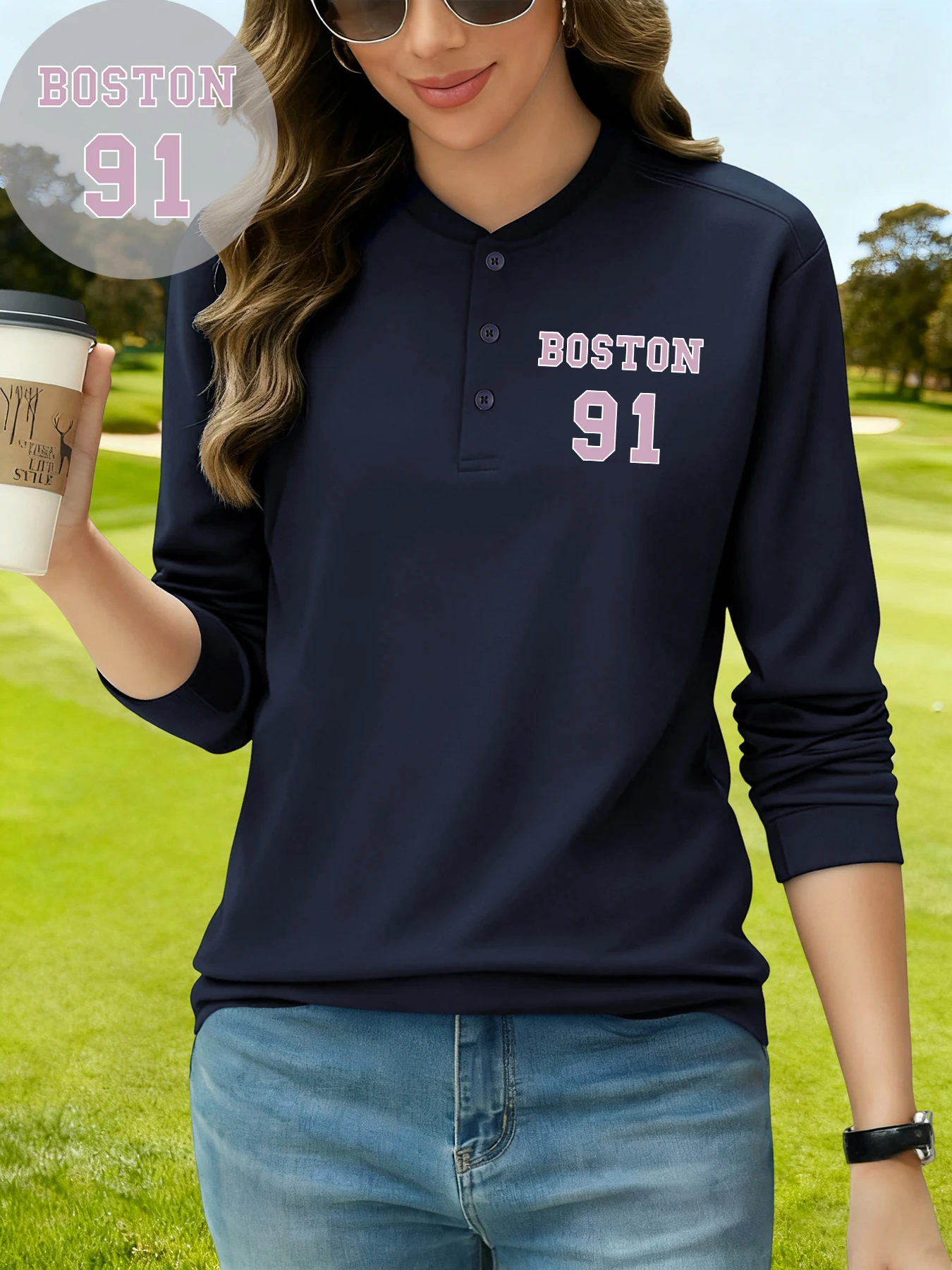

Pink Boston 91 Art Letter Design Printed Long Sleeves Woman Casual Henry Neck Top Cotton Autumn Clothing Golf Henley Shirts