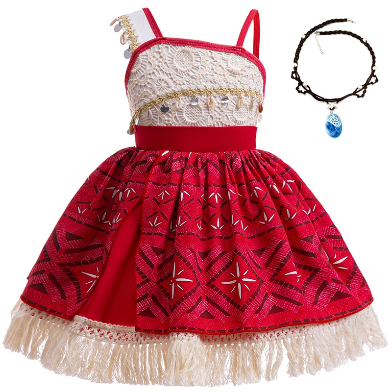 Moana Cosplay Costume Little Girls Carnival Polynesian Style Fringe Princess Dress Childrens Birthday Party Dress With Necklace