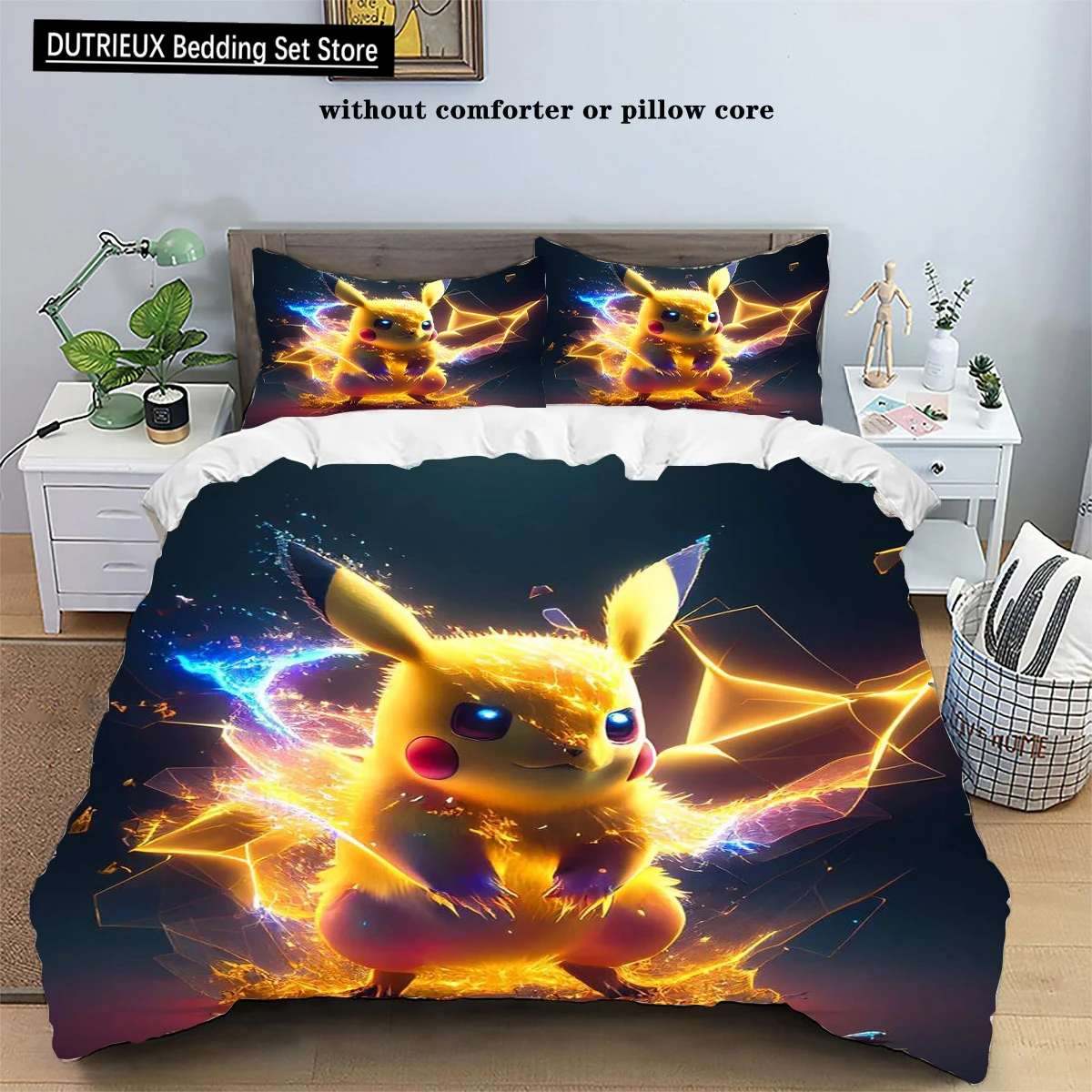 ポケモンアニメ布団カバー枕カバー寝具かわいいピカチュウ-3-点セット子供大人用ベッドセットツインクイーンキングサイズ