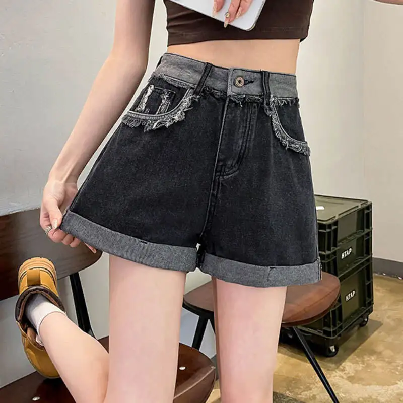 High Waist Cuffed Denim Shorts Women's Summer Design Color Block A-Line Frayed Wide Leg Trendy Pants Commute Style No Stretch