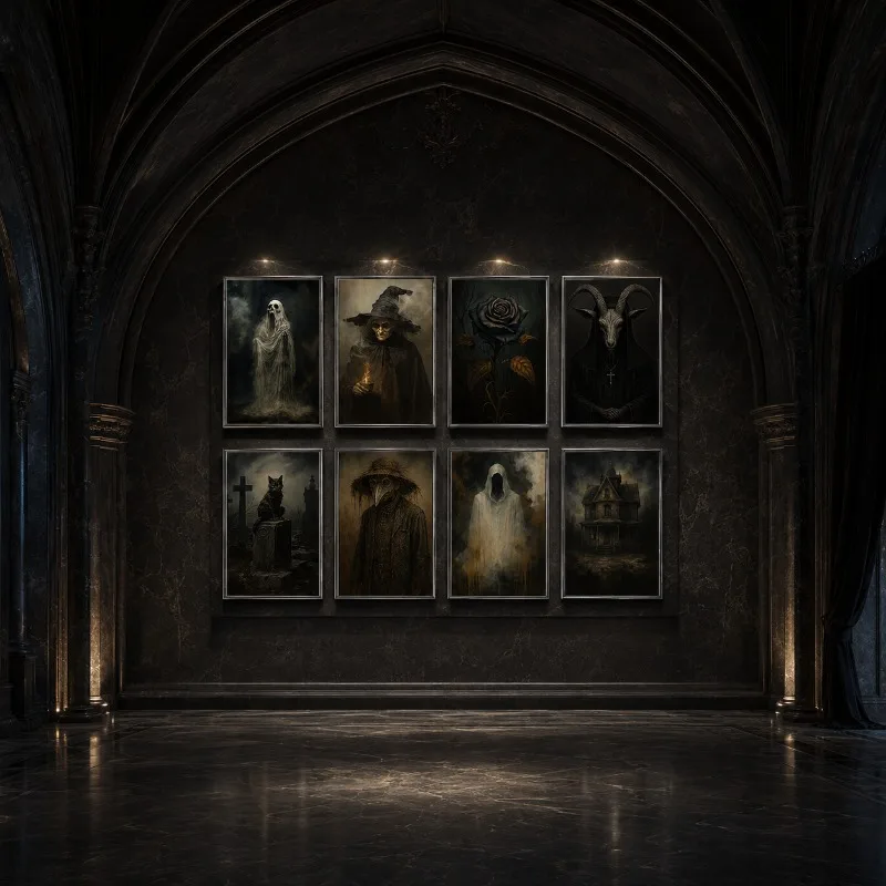 Dark Gothic Halloween Canvas Gallery Wall Print Witch Ghost Doctor Goat Skull Wall Art Vintage Moody Spooky Home Decor Gift
