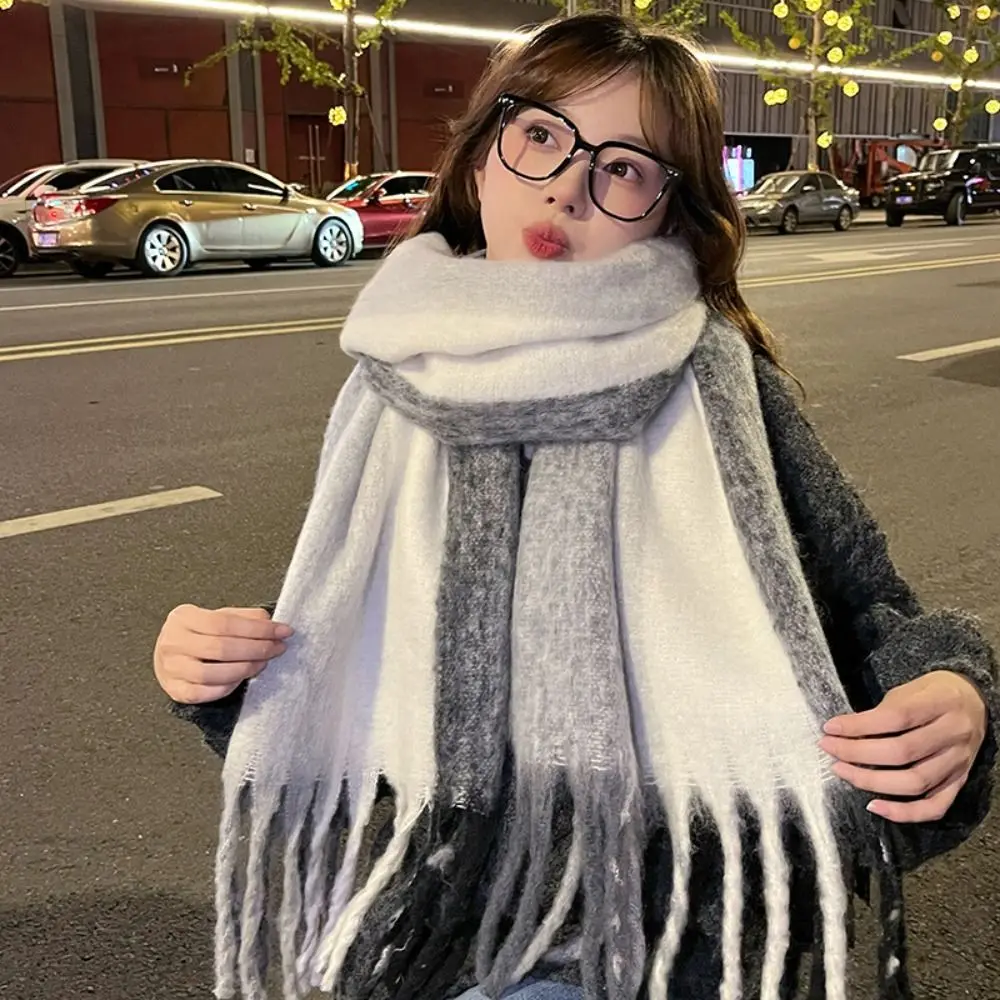 Retro Korean Style Rainbow Cashmere Shawl Thickened Windproof Long Wool Tassel Scarf Colorful Warm Winter Scarves Women/Men