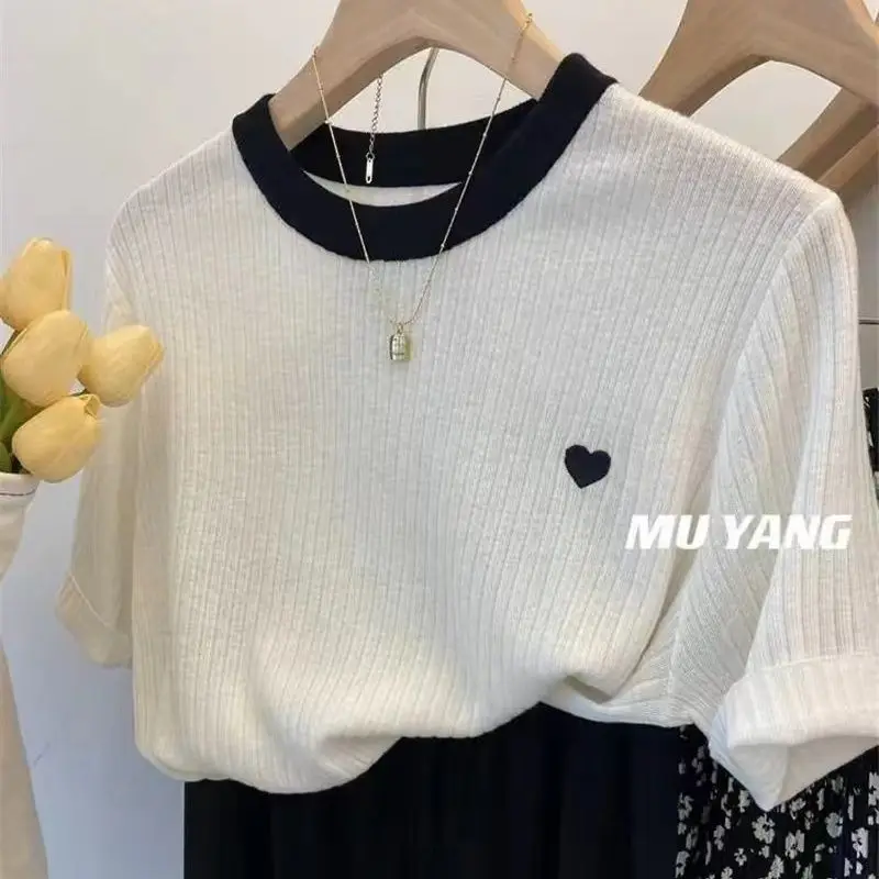 Summer Youth Women New Patchwork Colorful Loose Short Sleeved Casual Multiple Colour All-match Round Neck Printing Pullovers Top image 3