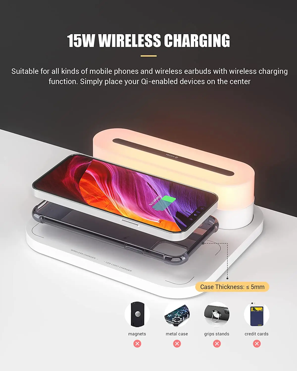 15W Fast Wireless Charging Light 3 Color Modes Touch Control LED Night Light Multifunctional Table Lamp Magnetic Suction