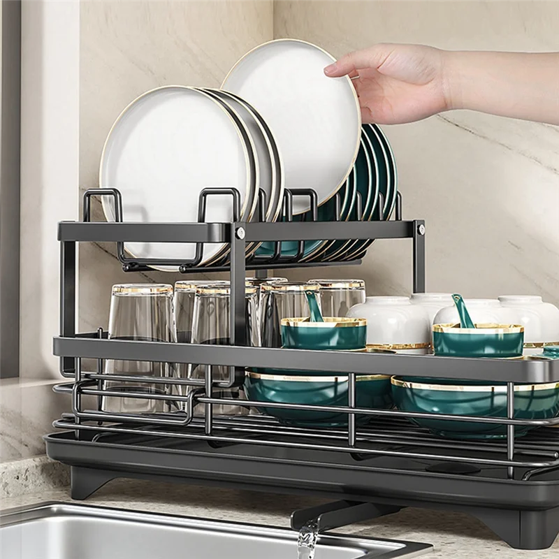 رف أطباق من الفولاذ الكربوني HGHO مع لوح تصريف، منظم حوض، رف مصفاة الأطباق لتخزين طاولة المطبخ