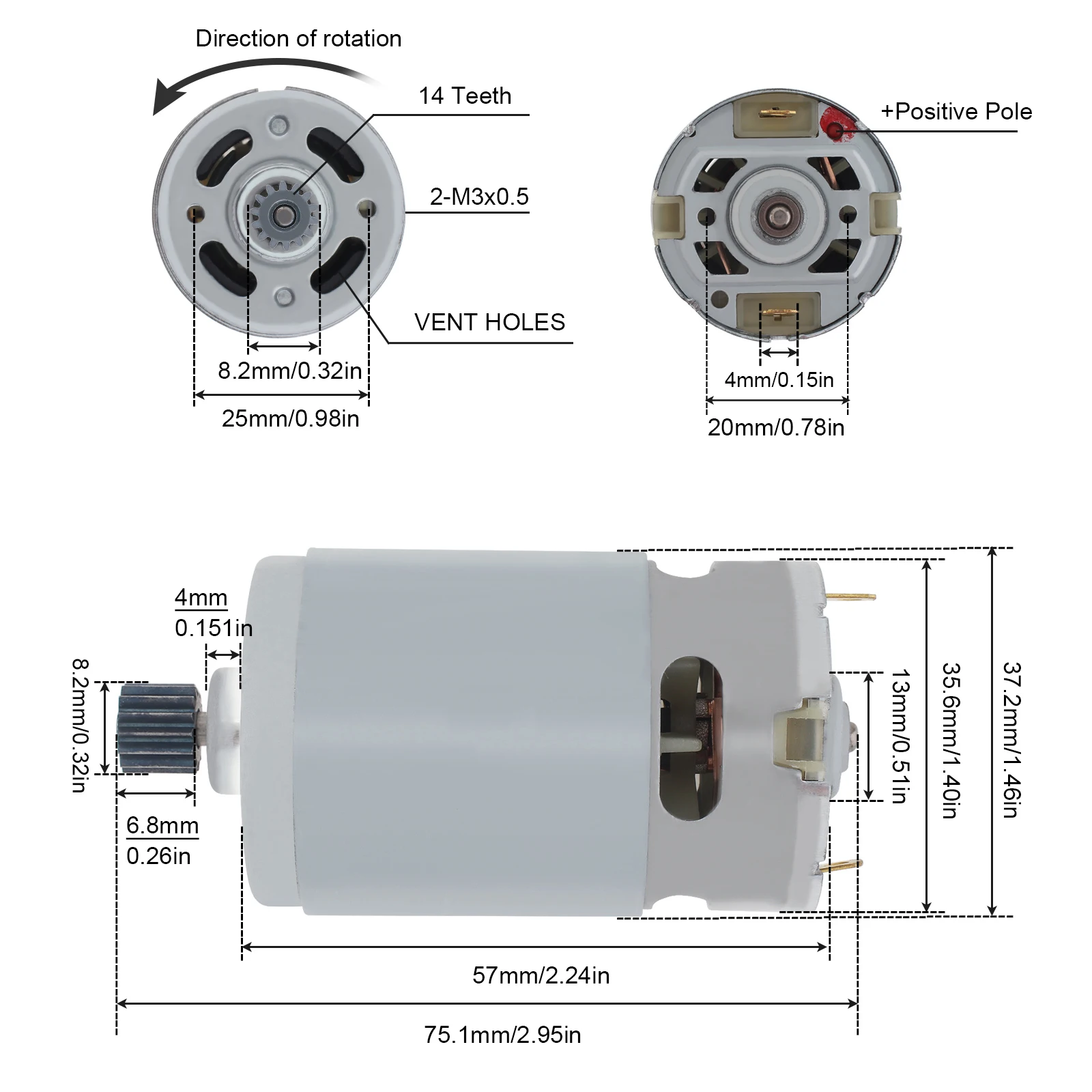 RS550 14 Teeth DC Motor 8.2mm / 9.5mm 10.8V 12V 14.4V 16.8V 18V 21V 25V Gear High Speed Micro Motor for Electric Drill