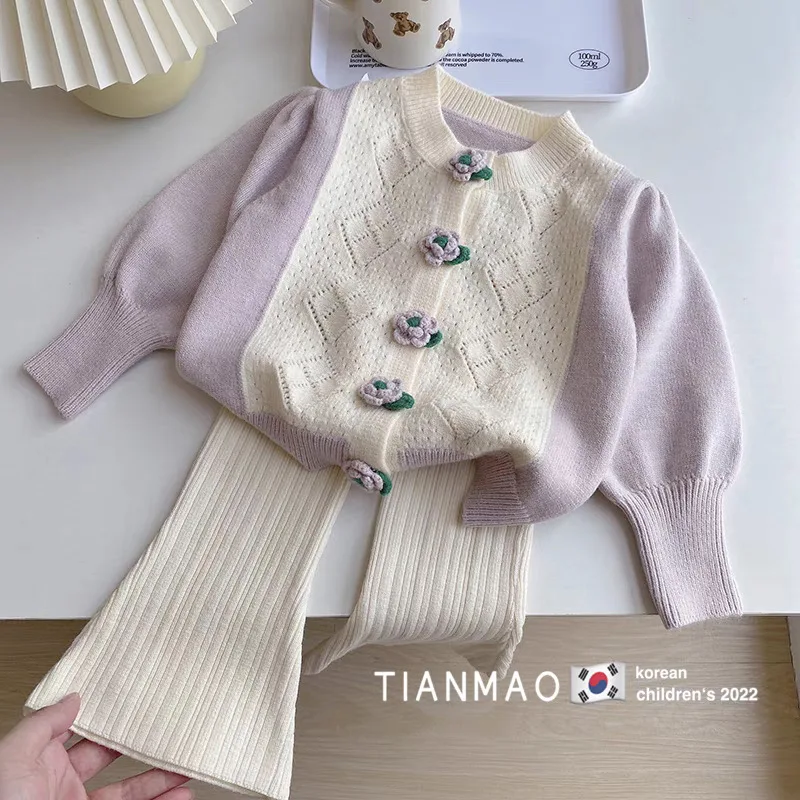 

Girls' Spring Outfit Set New Fashionable Knitted Cardigan for Baby Girls Children's Autumn Flared Pants Two-Piece Set