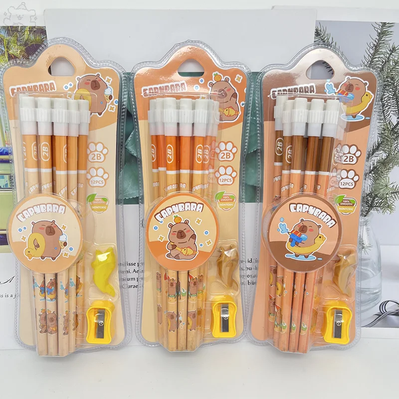 1Set Cartoon Cute Capybara HB Pencils Pencil Sharpener Eraser Stationery Set Student Writing Drawing HB Pencils Sketch Pens