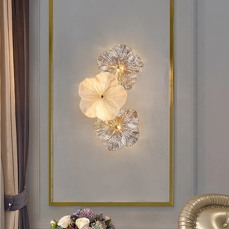 French Glass Material Wall Sconces Flower Shaped Wall Lamps Bedroom Nightstand Living Room Romantic and Creative Bedside Lights