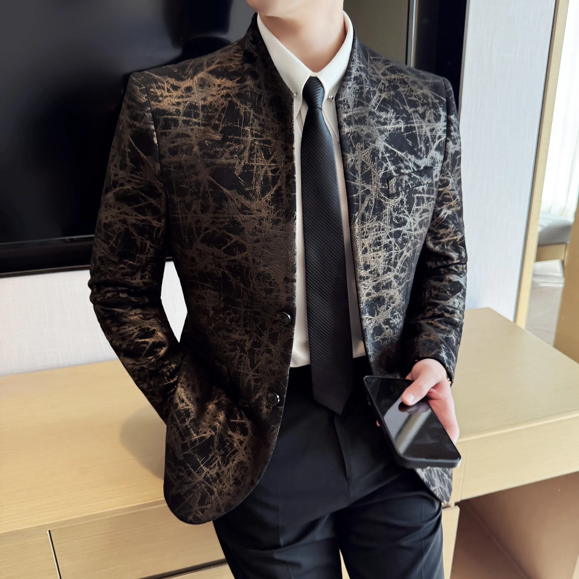 Brand Stand Collar Jacquard Suit Jacket for Men Fashion Casual Business Suit Jacket Korean Slim Fit Wedding Groom Social Blazers