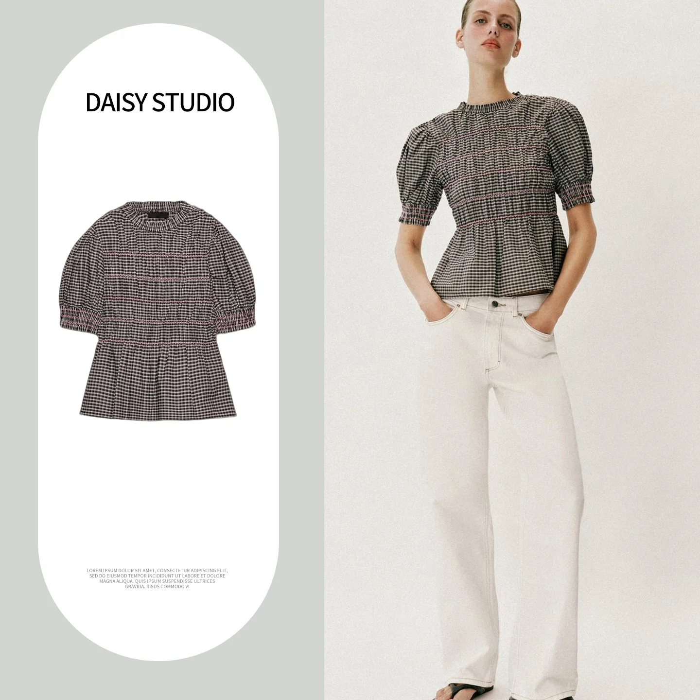 Camisa de manga corta con cuello redondo y manga abullonada, estilo casual, ajuste ceñido, bordada a rayas, con tejido elástico de nido de abeja, Primavera 2026 para mujer
