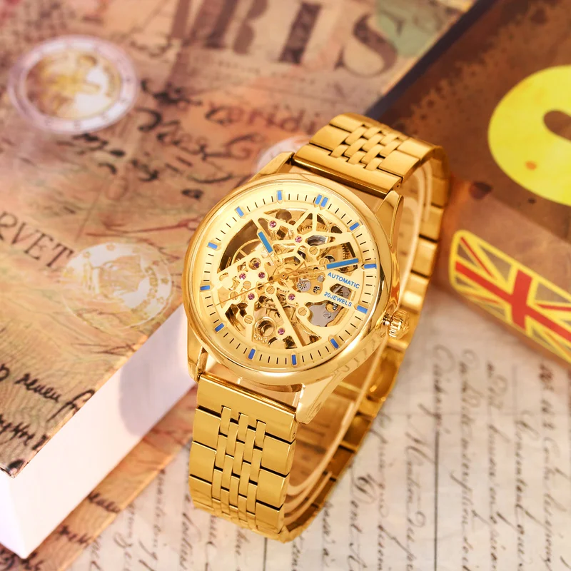 ساعة ميكانيكية فاخرة بحزام فولاذي ذهبي على طراز الأعمال من توربيون سيستار أوتوماتيكية بالكامل