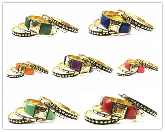 2024 Fashion BOHO Metal Brass 5PCS Sets Bangle Inlaid Candy Resin Cuff Multi Colors BB-016