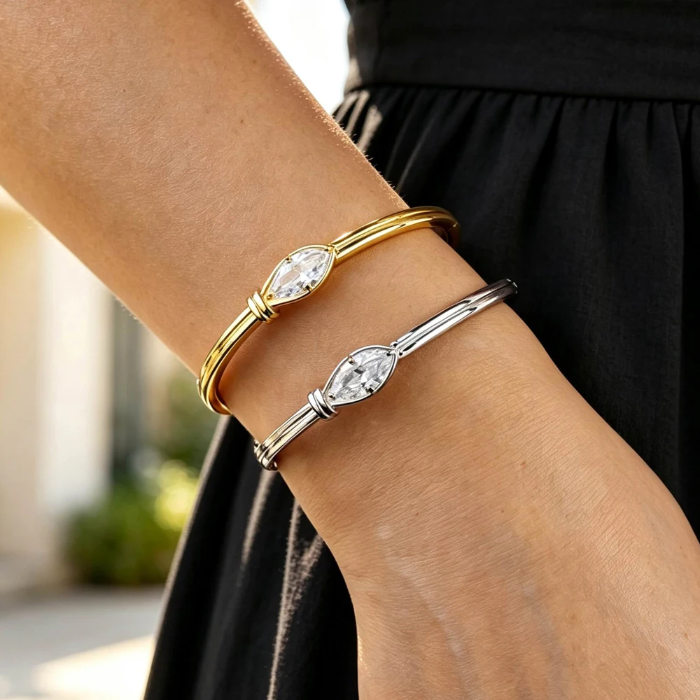 Gold Color Plated Paved Bling CZ Women Bangle Big Horse Eye 5A Cubic Zirconia Female Bracelet Birthday Gift Luxury Jewelry