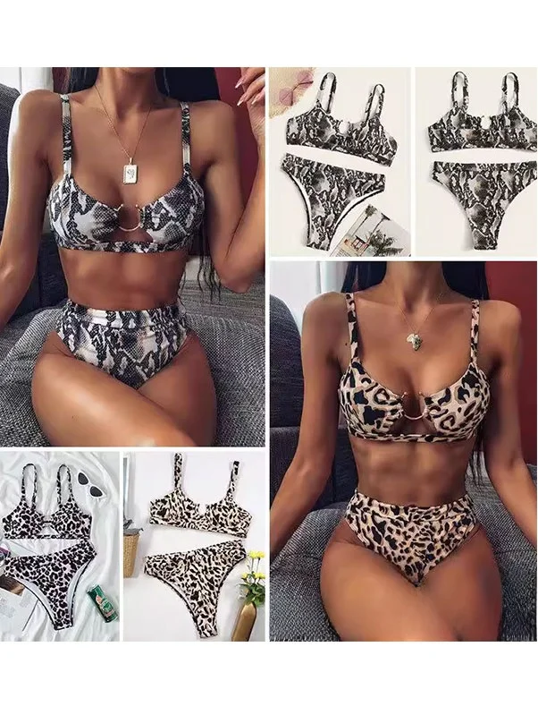 

High Waist Two Piece Metal Ring Bikini Women's Swimsuit Leopard Print 2026 Swimwear Faionable Spor Fitn Fan Gear