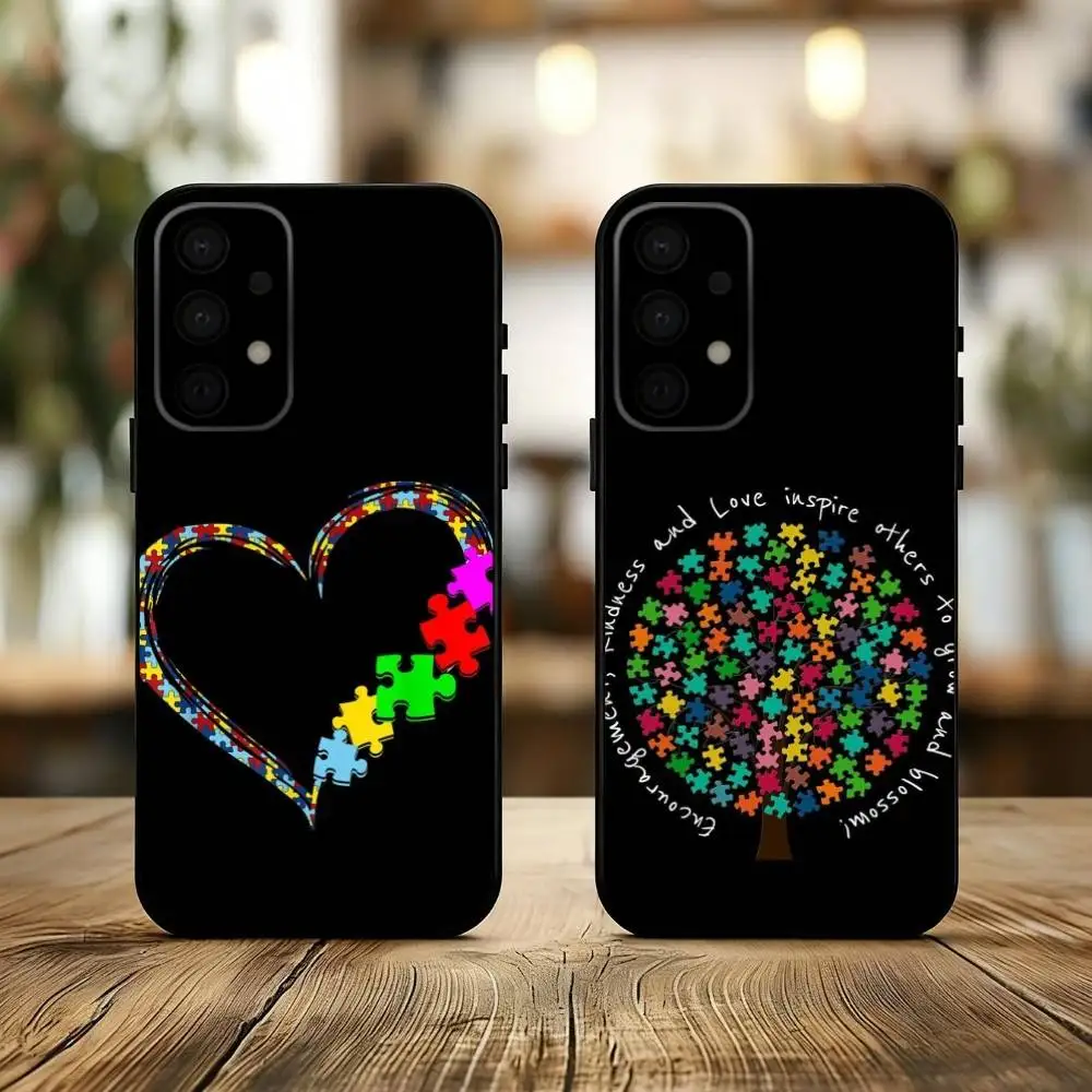 Puzzle Art Support Autism  phone Case For Samsung Galaxy A73,A72,A71,A70,A53,A52,A51,Others Soft Black Shell
