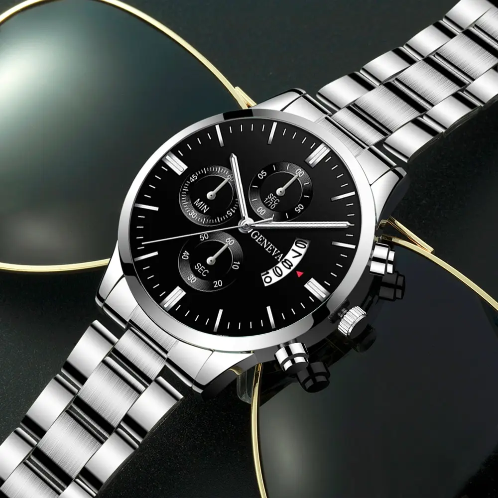 Fashion Mens Watches Luxury Silver Stainless Steel Quartz Wrist Watch Man Business Watch for Men Calendar Clock Reloj Hombre