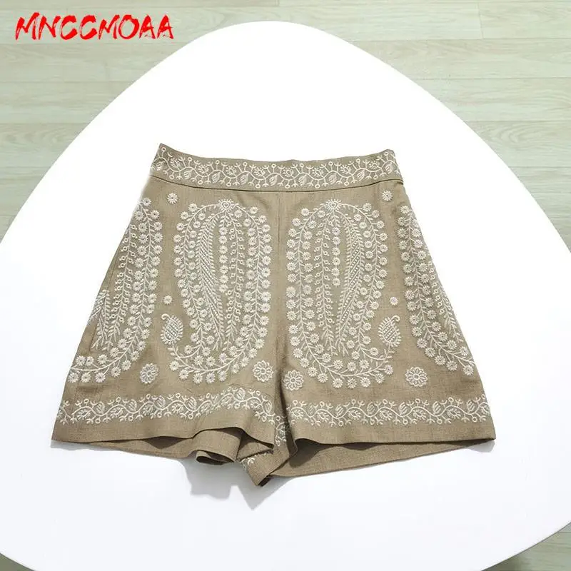 

MNCCMOAA-Vintage Mid Waist Embroidery Shorts for Women, Casual Straight Leg, Female Fashion, Summer, 2024