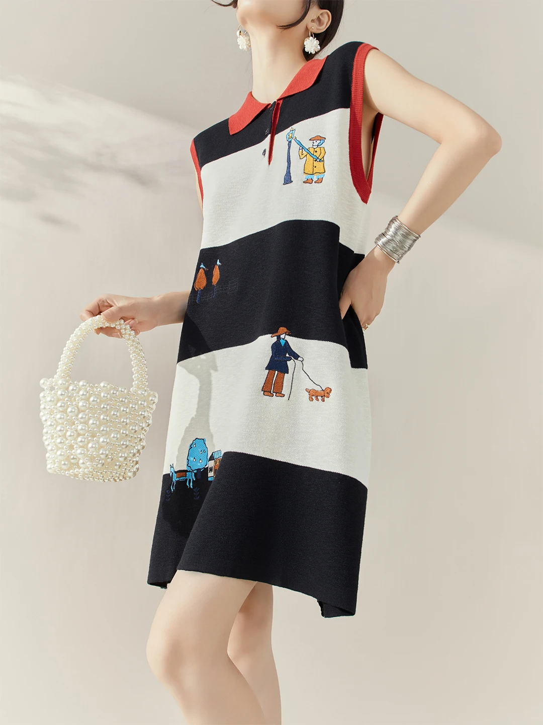 الفرنسية الأنيقة أزياء الرجعية الربط التلبيب المطرزة محبوك فساتين فضفاضة مستقيم أكمام تانك فستان قصير المرأة الصيف