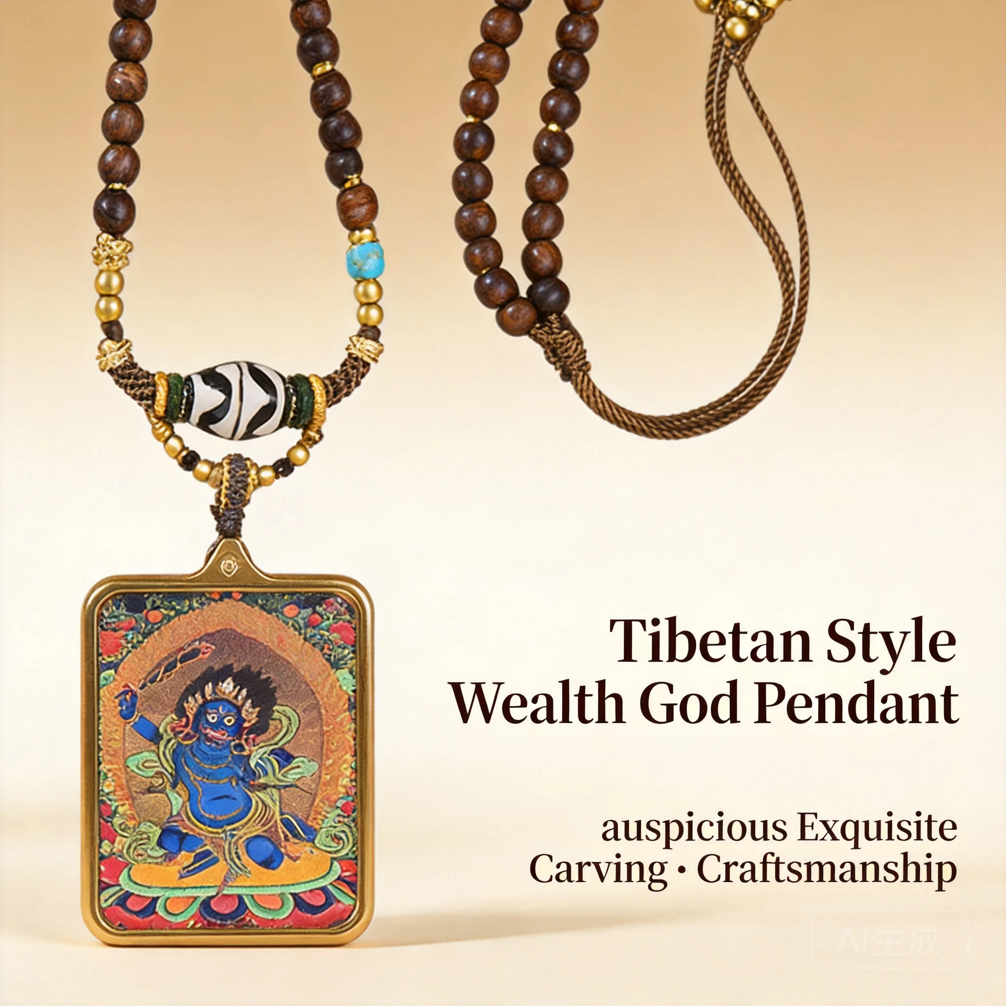 Chinese Tibetan Style Hand Woven Wood Bead Necklace Dzi Bead Zakiram Thangka Pendant Lucky Blessing Wealth Attracting Amulet Jew