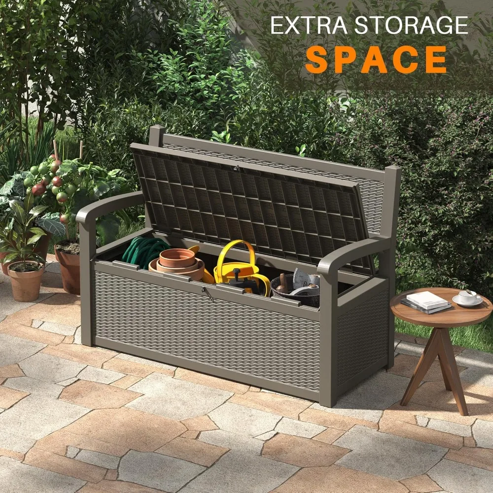 

70 Gallon Deck Bench with Storage,Outdoor Storage Box Bench Waterproof&Lockable, Resin Patio Furniture with Armrest.