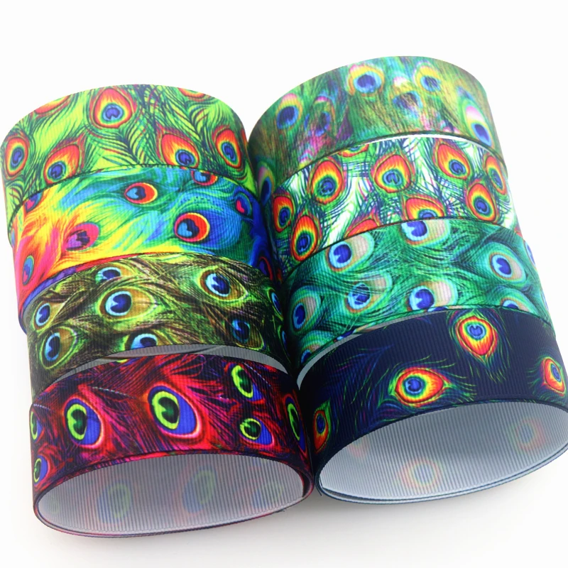 DHK 50yards Peacock Feather Printed Grosgrain Ribbon Accessories Material Headwear Decoration DIY Sewing Craft S1820