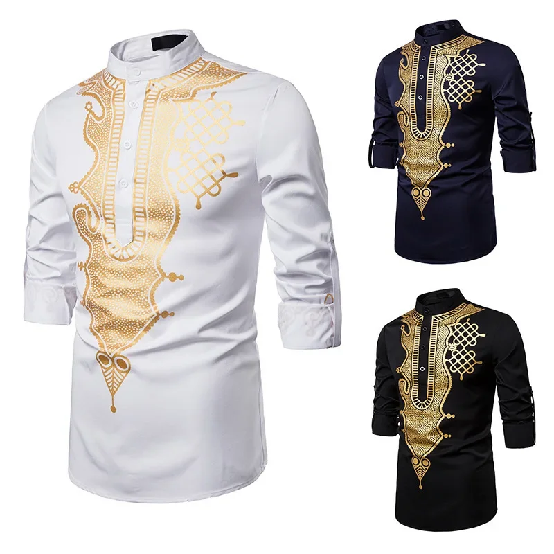 Kurta Men's Muslim Shirt with Embossed Totem Long Straight Casual Shirt African Islam Shirt Men Dubai Men Clothing Arabe Hombre